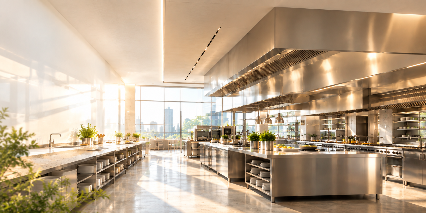 Wide view of an empty stainless steel commercial kitchen