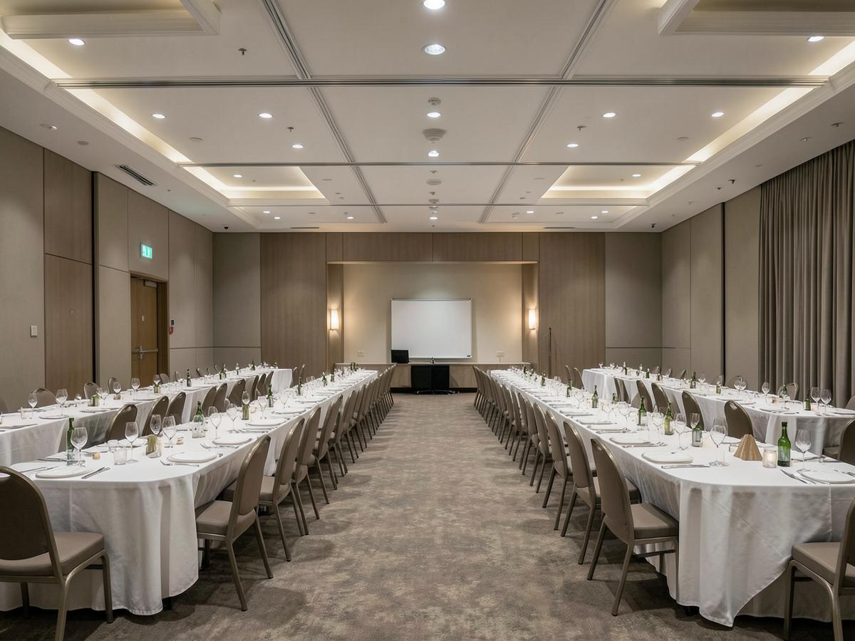 Empty banquet hall set with long tables in restrained neutral decor