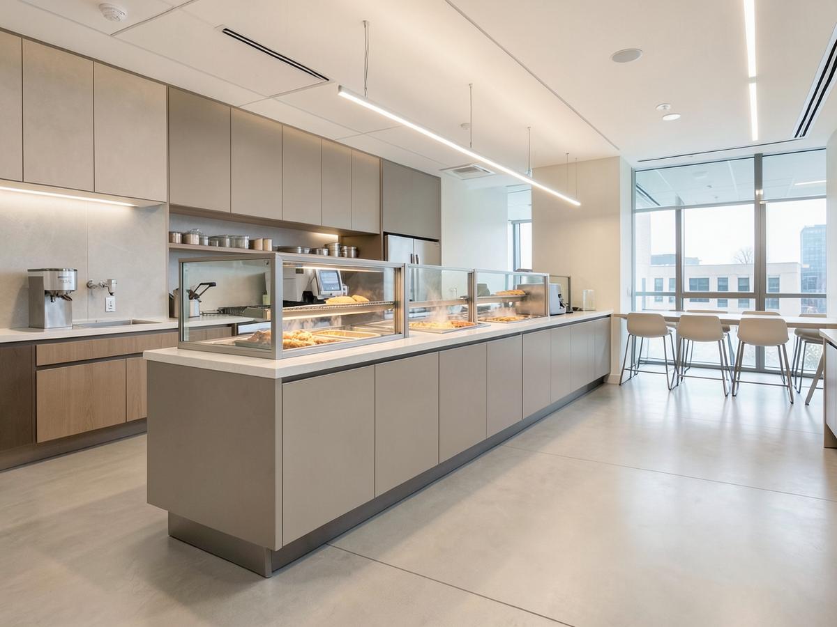 Corporate cafeteria servery counter with hot food wells and tray line