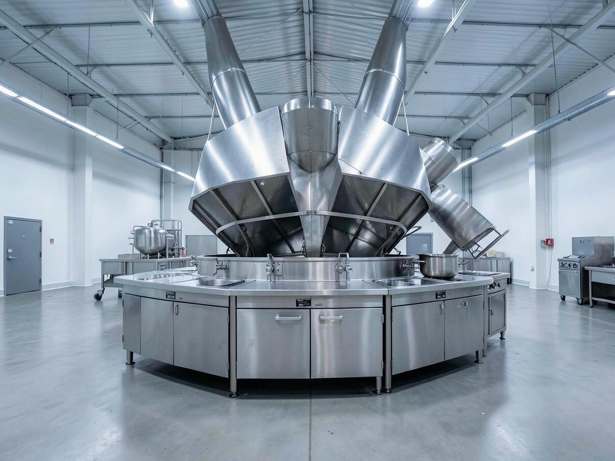Central production kitchen with bulk cooking equipment in a wide industrial hall