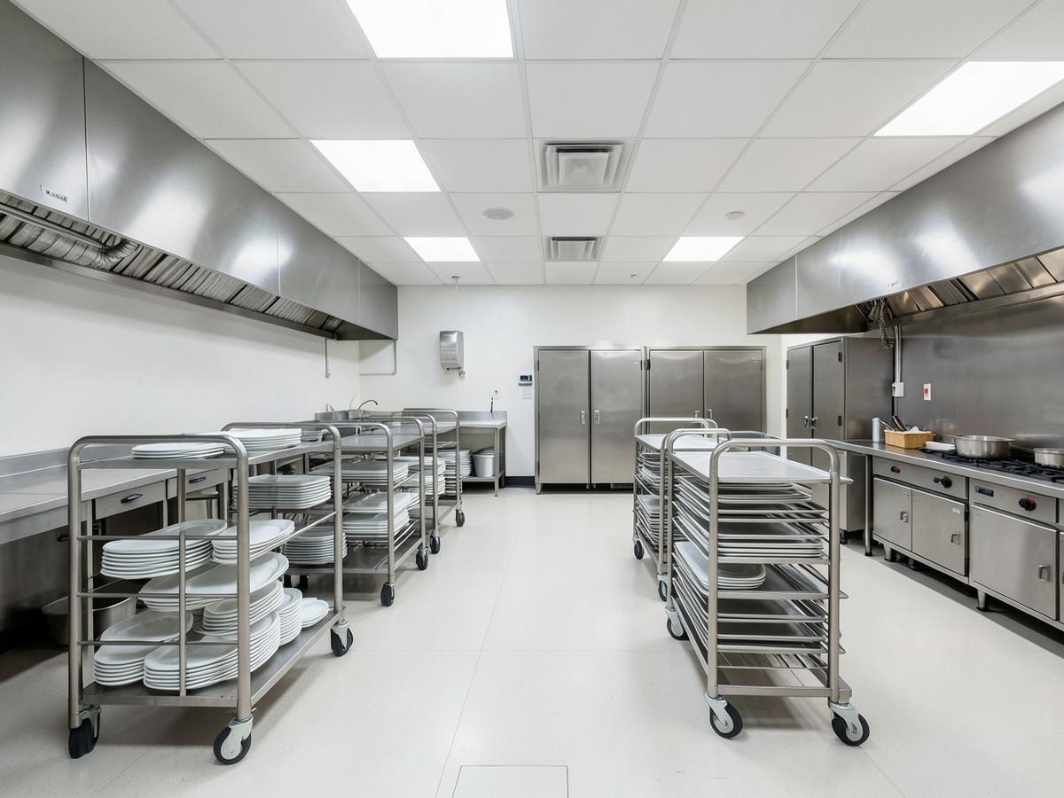 Hospital kitchen plating and tray assembly area with stainless trolleys