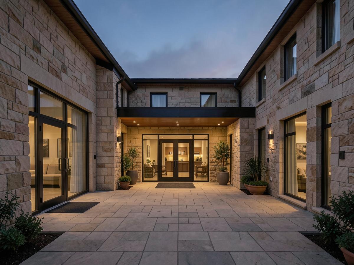 Understated hotel entrance courtyard in warm stone at dusk