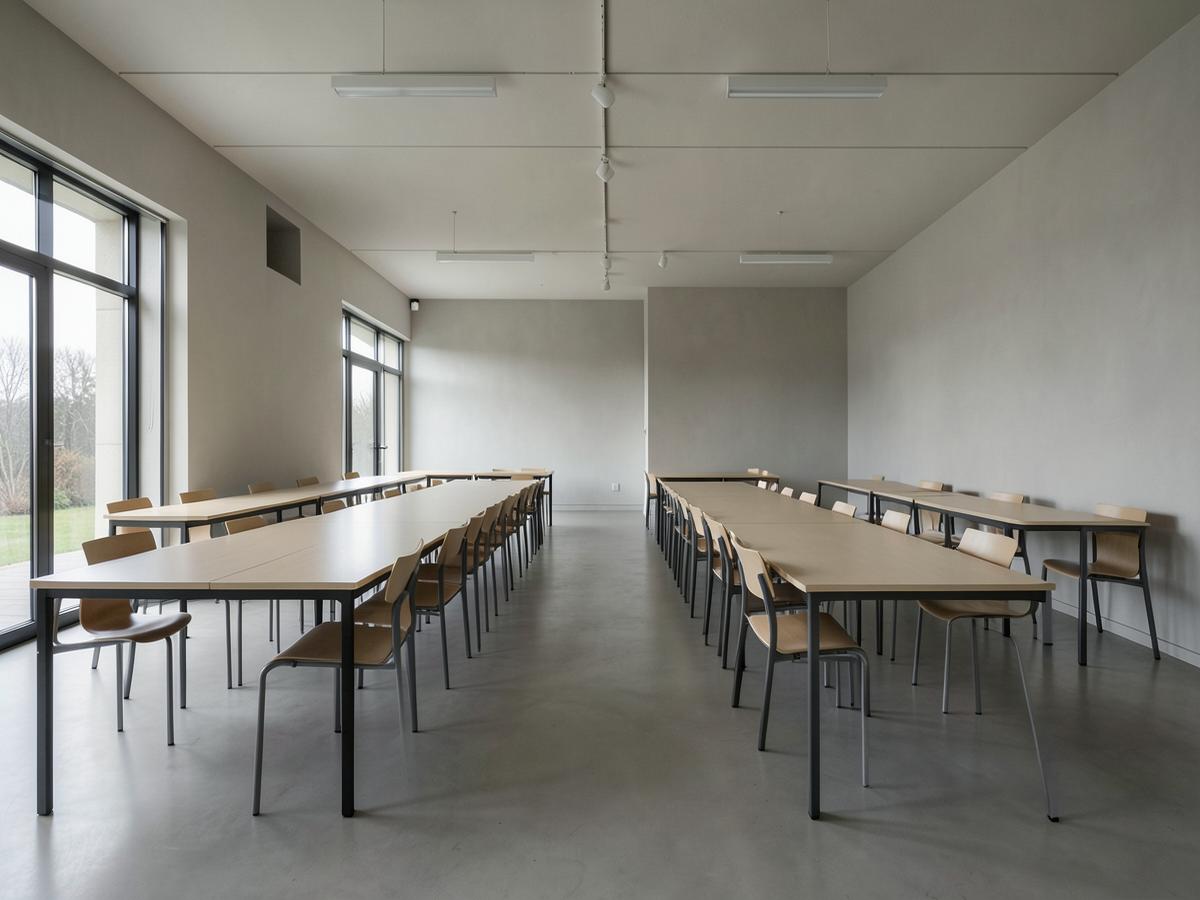 Institutional canteen dining hall with long tables and natural light