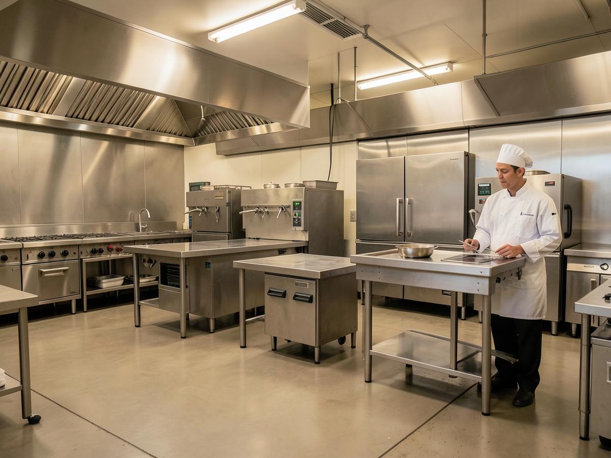 Stainless steel commercial kitchen production line with extraction hoods