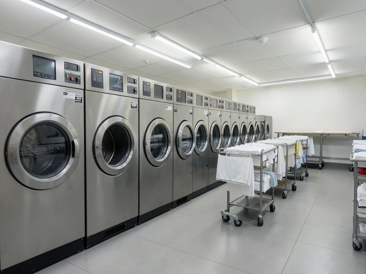 Industrial hotel laundry with a row of washer extractors and linen trolleys