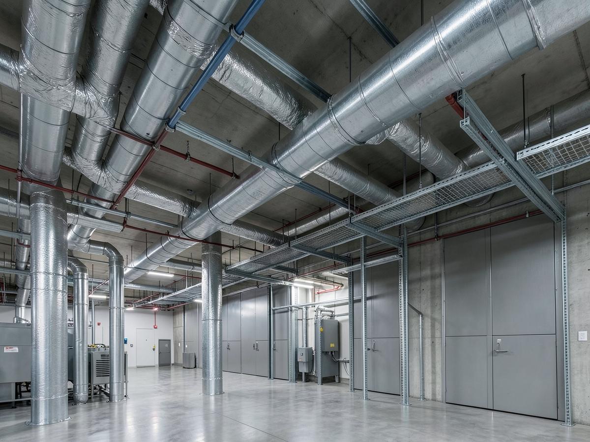 Overhead ducts, pipework and cable trays in a building services plant area