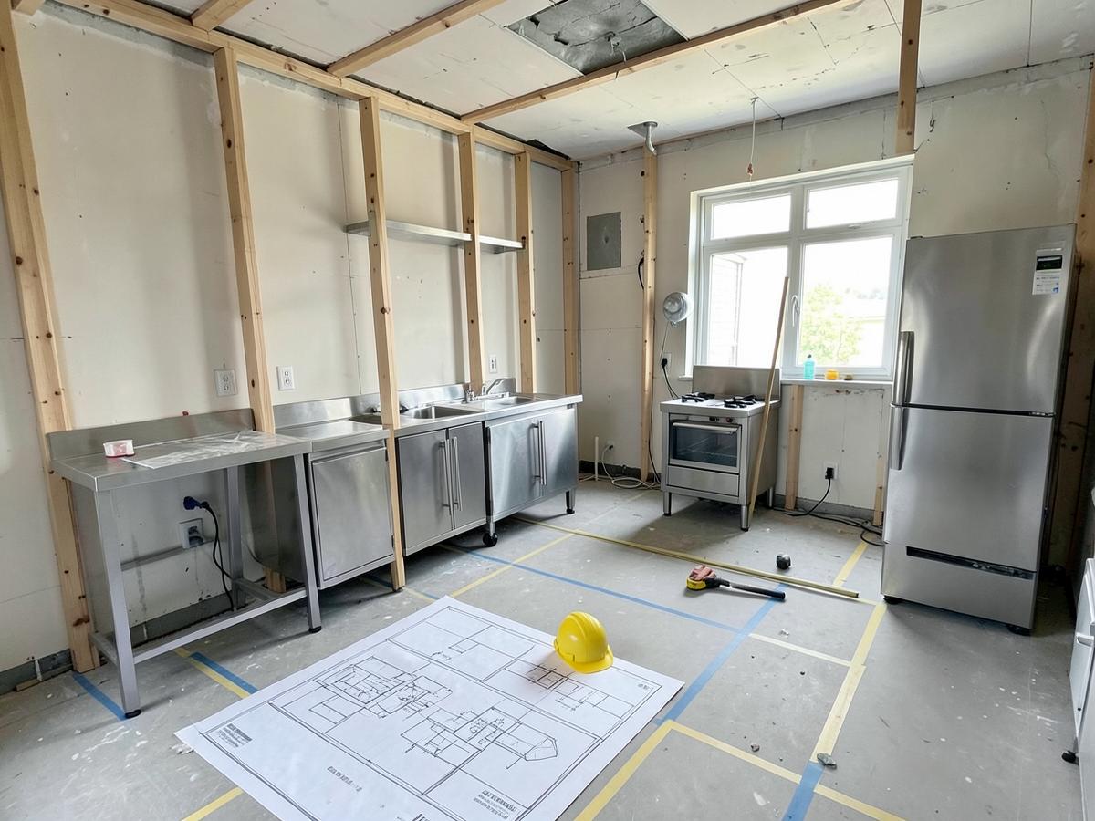 Unfinished commercial kitchen under construction with drawings and a hard hat on the floor